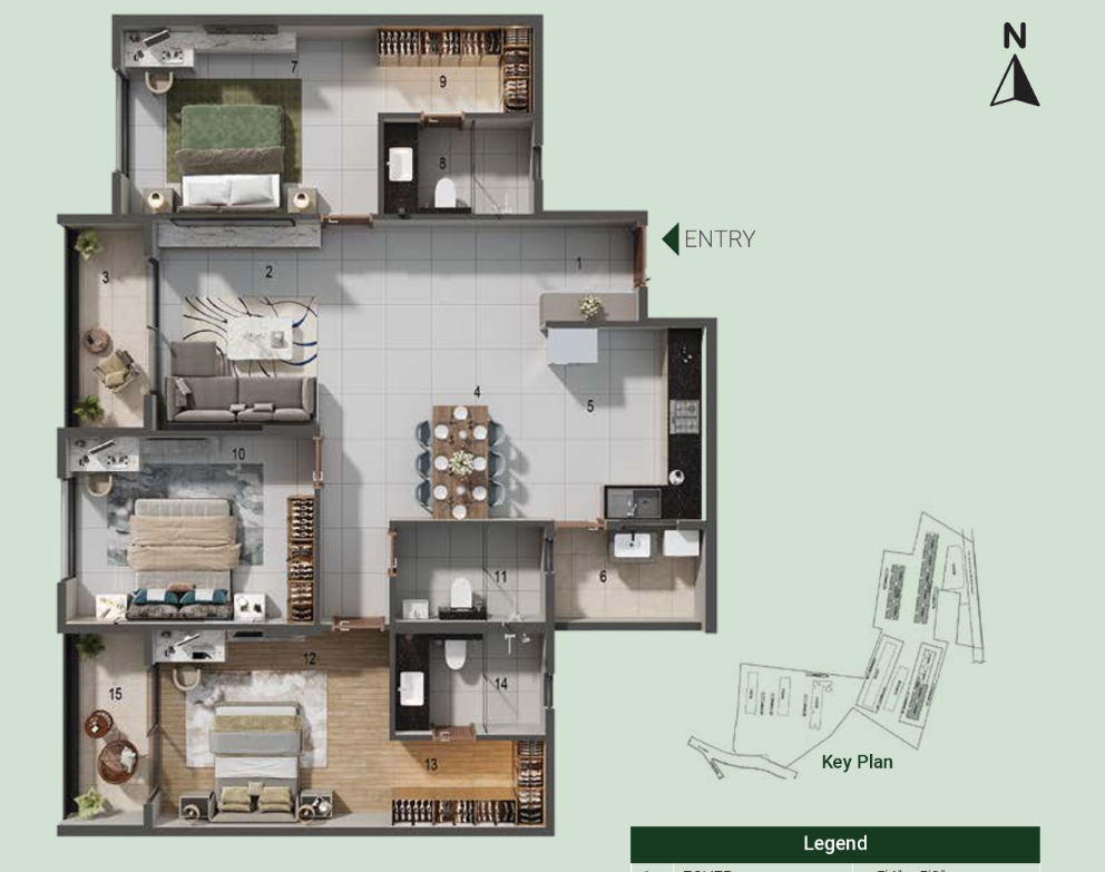 3 BHK Unit Plan - East Facing
